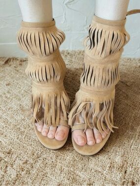 Authentic Gucci Tan Suede Fringe Gladiator Sandals
